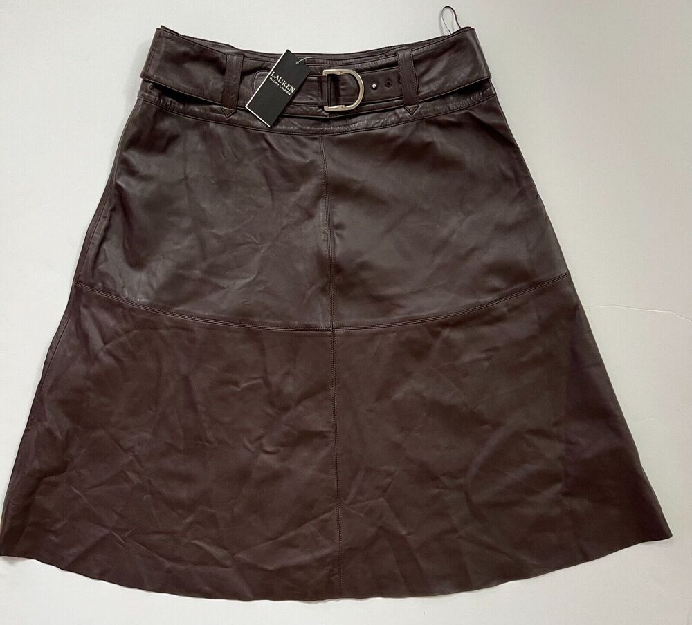Lauren Ralph Lauren Women's Belted Lambskin Leather Midi Skirt Size 14